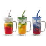 Glass Tumbler 3Pc Set W/Lids N Straw