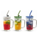 Glass Tumbler 3Pc Set W/Lids N Straw