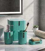 FEELINGS 4-Piece Bathroom Accessory Set - Cyan Color - Soap Dispenser, Tumbler, Soap Dish & Bin - Image 5