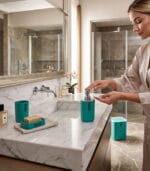 FEELINGS 4-Piece Bathroom Accessory Set - Cyan Color - Soap Dispenser, Tumbler, Soap Dish & Bin - Image 6