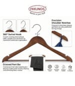 FEELINGS Premium Wooden Clothes Hangers Set of 6, Brown – Space Saving Non-Slip Suit & Coat Hangers with Notches & 360° Swivel Hook - Image 7