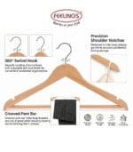 FEELINGS Wooden Hangers with Non-Slip Grip, Set of 24 - Natural Finish, Durable Space-Saving Premium Design for Clothes, Coats, and Jackets - Image 6