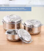 Dessini 3-Piece Stainless Steel Insulated Hot Pot Set – Silver Thermal Casserole Food Warmers with Lids, 1.0L, 1.5L, and 2.5L Capacities for Catering, Parties, and Daily Use - Image 3